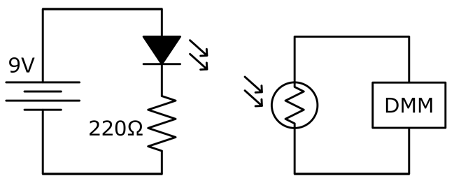 Circuit diagram for a photoresistor next to a circuit diagram for an LED