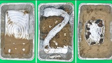 Three images showing an ocean model, a river model, and a lake model, all made in aluminum pans