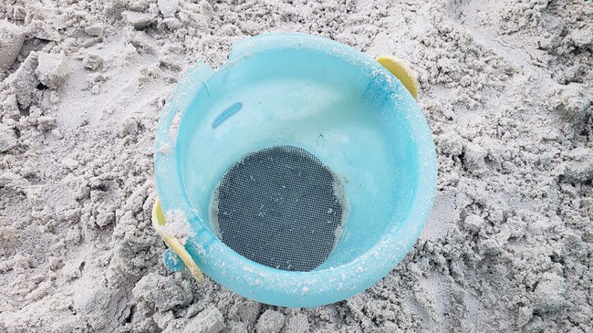 Bucket with a circular piece of window screen inside, pressed on top of a layer of sand. 