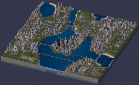 Aerial view of a city built in the video game SimCity 4