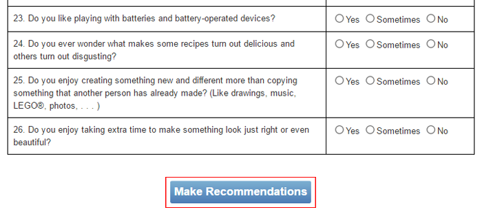 Cropped screenshot of a button labeled Make Recommendations at the bottom of a questionnaire