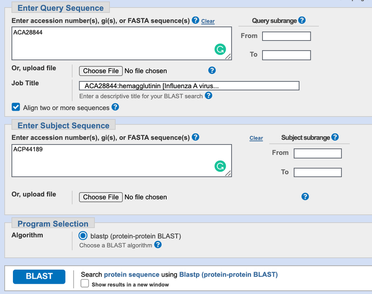 Screenshot of the search page for a two sequence alignment on the ncbi.nlm.nih.gov website. On the BLAST alignment page there are two boxes where users can fill in their query and subject sequences. 
