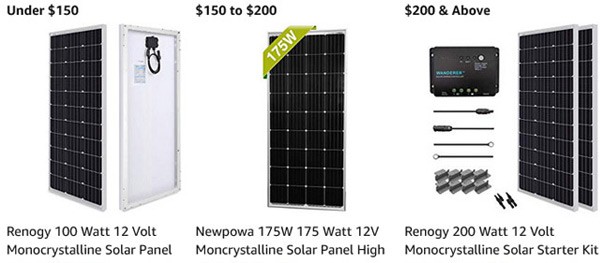 Screenshot of three solar panels found on Amazon.com with various wattage outputs and price points