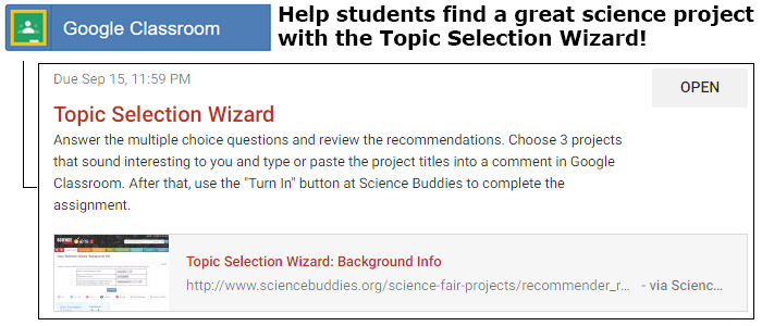 Cropped screenshot of a link to the Science Buddies Topic Selection Wizard in a Google Classroom assignment