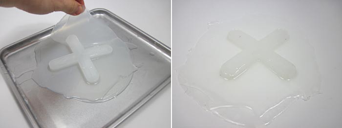 Two photos show a silicon sheet being peeled off of a baking sheet
