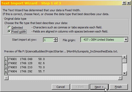 Cropped screenshot of step one of the text import wizard in Microsoft Excel