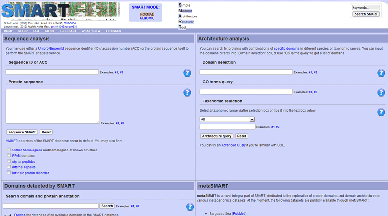 Screenshot of the sequence search page on the website smart.embl-heidelberg.de