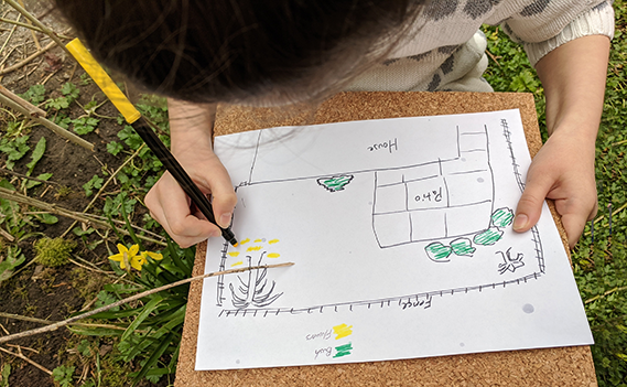 Student filling in a map of biodiversity in backyard