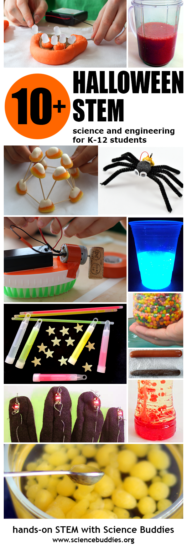 Photo collage of twelve Halloween-themed science experiments