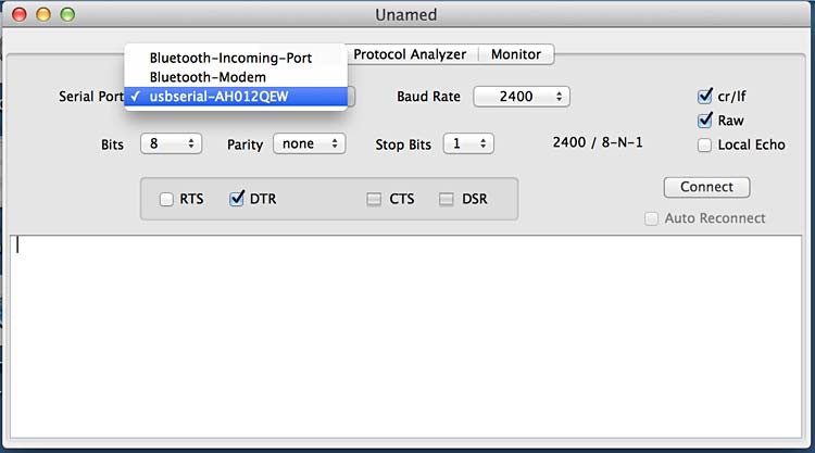 Screenshot of the program SerialTools recognizing a RFID reader that is plugged into a computer