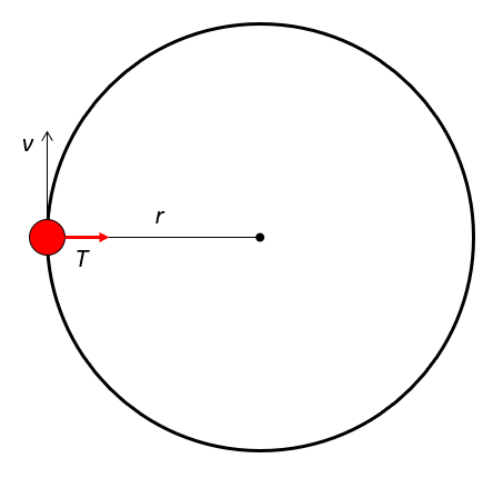 Diagram of a ball on a string moving in a circular path with radius r, tangential velocity v, and centripetal force T.