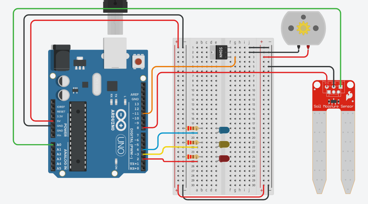breadboard diagram for the soil moisture sensor circuit with a pump controlled by a transistor 