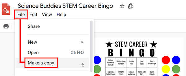 Screenshot diagram showing how you use File - Make a Copy to make a copy of the Google Drawings file