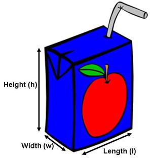 Drawn box of apple juice with height, width, and length labelled