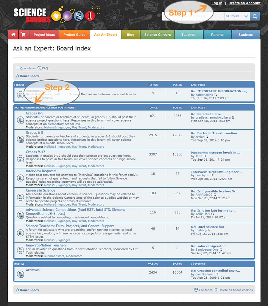 Screenshot of the Ask an Expert forum on the website ScienceBuddies.org