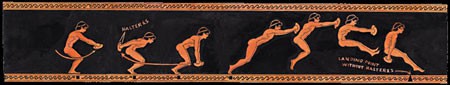 Greek illustration of a man performing a standing long jump using a halteres