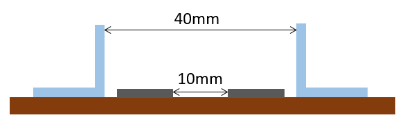 Two magnetic strips and two plastic angle pieces are spaced evenly on a sheet of cardboard