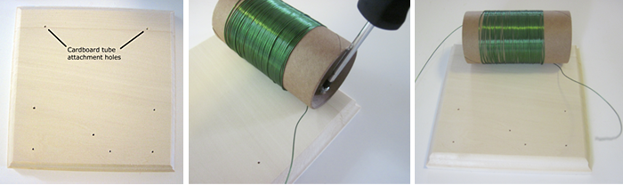 Three photos of a small cardboard tube wrapped in wire being glued to a wooden board