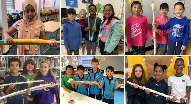 Collage of students, ages 10 and younger, holding their 2023 Science Buddies Engineering Challenge solutions.