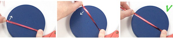 Collection of pictures showing a hand sliding a ribbon to the widest part of a lid to measure the lid's diameter.  