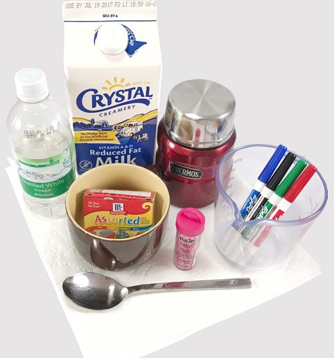 Vinegar, milk, a thermos, mug, measuring cup, markers, food coloring, paper towel, spoon and glitter