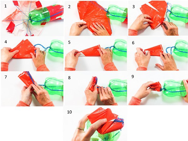 Steps showing how to fold the parachute.
