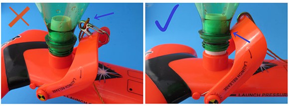 Illustration of how the handle touches the water bottle rocket when mounted correctly on the launcher. 