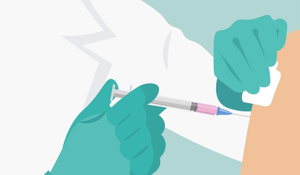 Illustration of a person inserting a vaccination syringe into a patientâ€™s upper arm. 