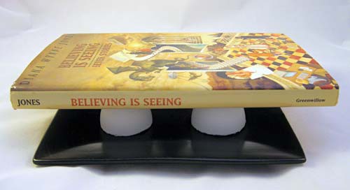 A book rests on three halfed eggshells