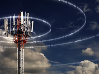 Cellular tower with overlay graphics showing  waves emmanating from tower