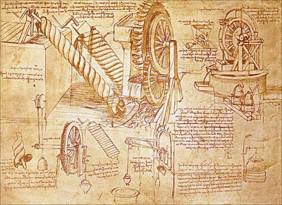 A complex drawn diagram for a water wheel and Archimedes pump from Leonardo da Vinci's notebook