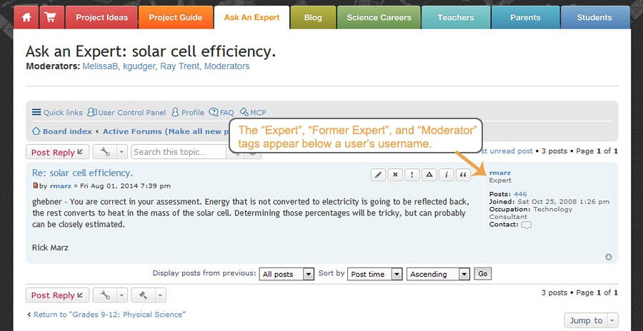 Screenshot of an expert posting on the Ask an Expert forum on the website ScienceBuddies.org