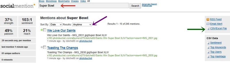 Search results of the term Super Bowl on the socialmention website