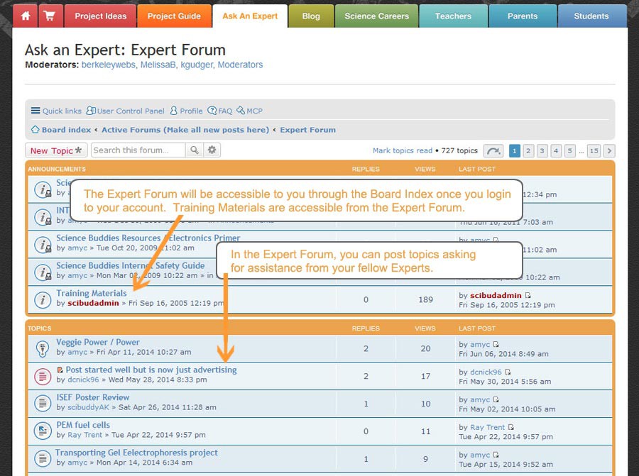 Screenshot of the Ask an Expert Expert forum on the website ScienceBuddies.org