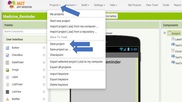 Screenshot of the start menu in the MIT app inventor at appinventor.mit.edu