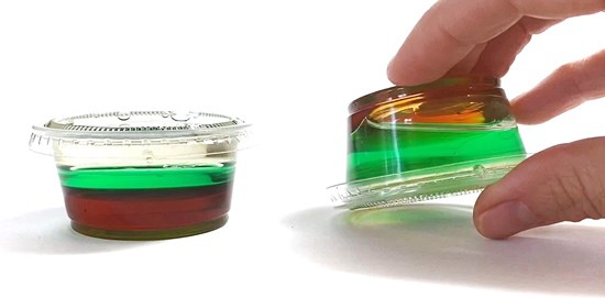 Two mini cups filled with dark corn syrup, green water, and vegetable oil are placed next to each other. A hand turns one of the mini cups upside down.  