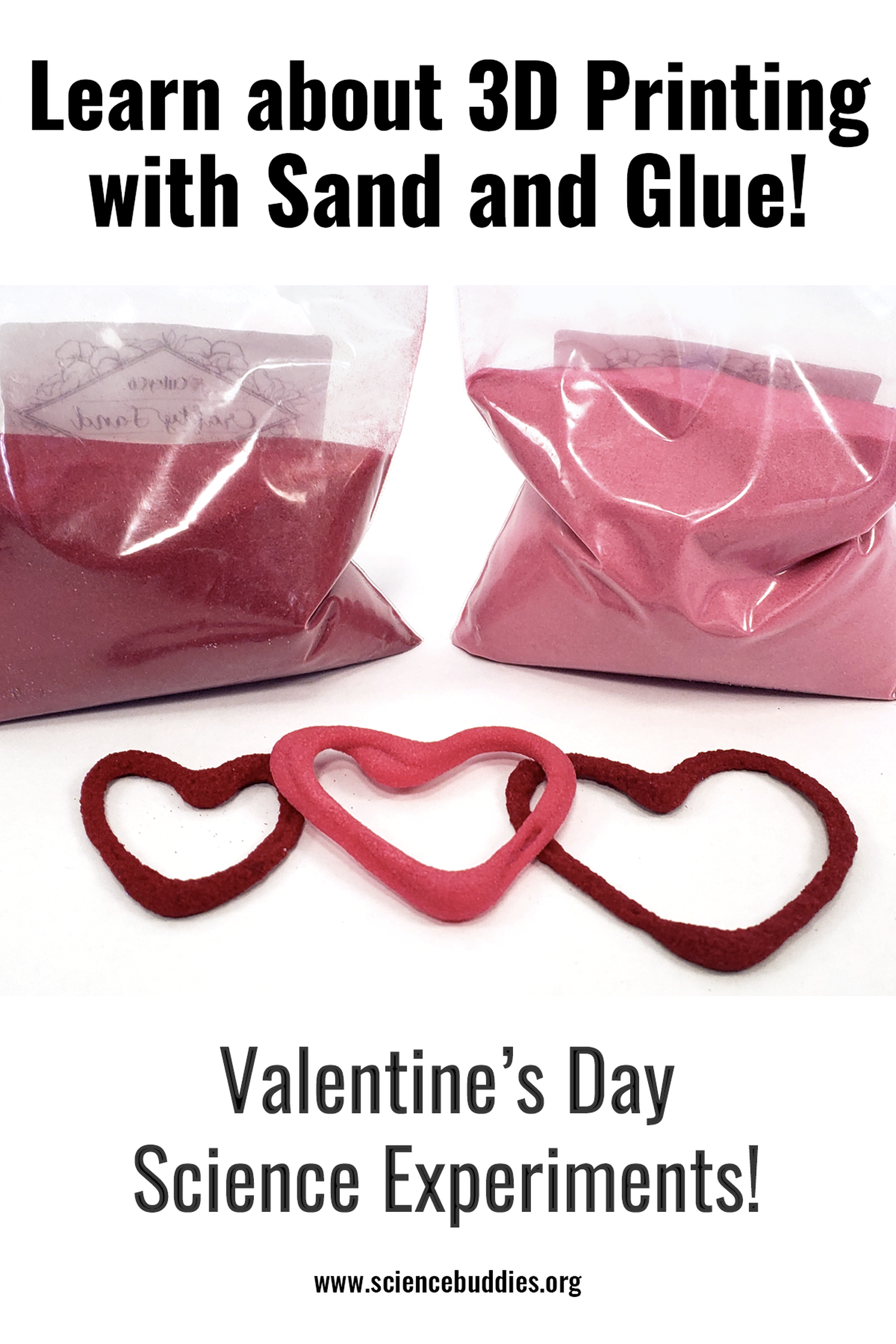 Valentine's Day STEM Experiments - shapes made with 3D print with glue and sand science experiment