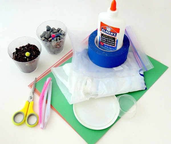 A cup of soil, a cup of rocks, a roll of tape, glue, plastic bags, construction paper, pipe cleaners and scissors