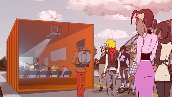Drawing of students in a shipping container that has been converted to a mobile classroom