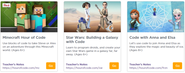 Hour of Code / Star Wars, Frozen, and Minecraft tutorials