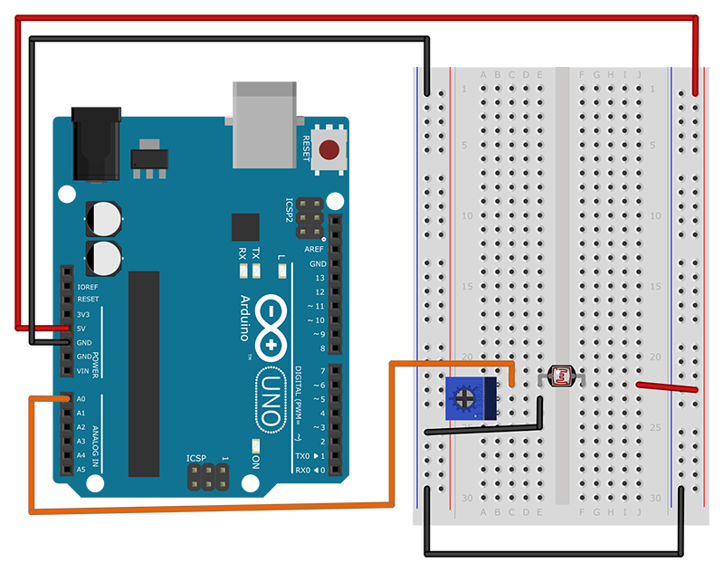  Photoresistor and potentiometer connected to Arduino analog input 