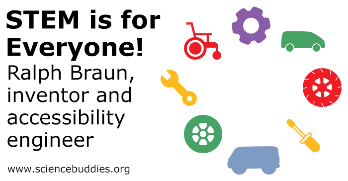 Icons related to engineering, wheelchair, and vehicle design and innovation to represent Ralph Braun, an inventor and engineer