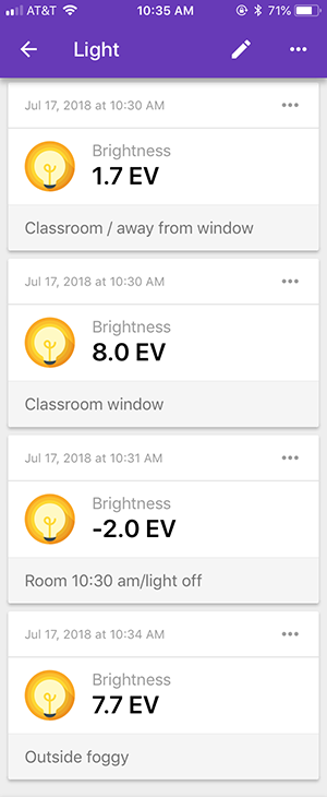 Screenshot shows four snapshots of a brightness sensor card in the Google Science Journal app