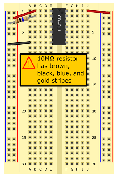 10M Omega resistor (brown, black, blue, gold stripes) from B2 to (-) bus. 