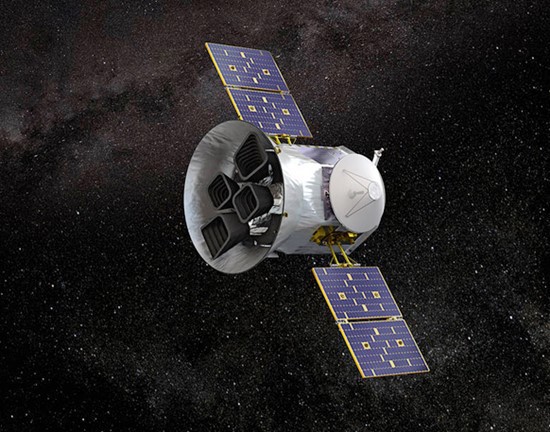 Digital render of the Transiting Exoplanet Survey Satellite in orbit