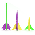 Three paper rockets of varying sizes