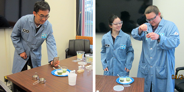 Two photos of volunteers from PPG Industries conducting a luminol chemistry project