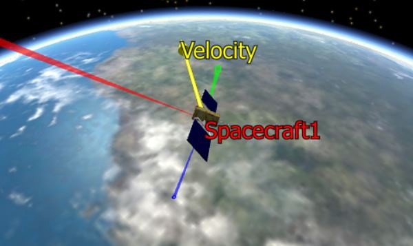 Visualization of a spacecraft flying above a planet with its velocity visualized as a yellow vector.