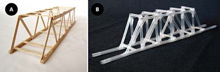 A Warren truss bridge made from popsicle sticks and a Howe truss bridge made from plastic straws