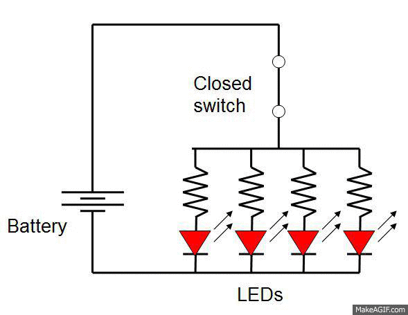 Animated image of a circuit with four red LEDs operated by a switches